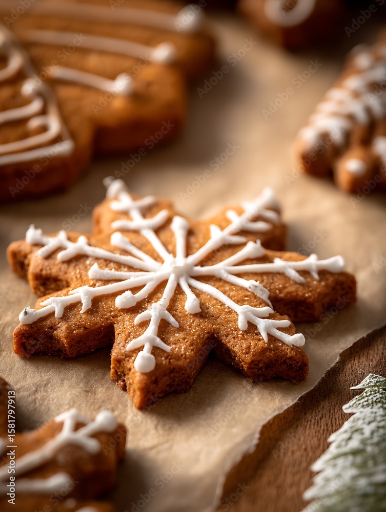 Fototapeta premium Close up of Delicious Decorated Gingerbread Cookies. A Festive Christmas Treat.