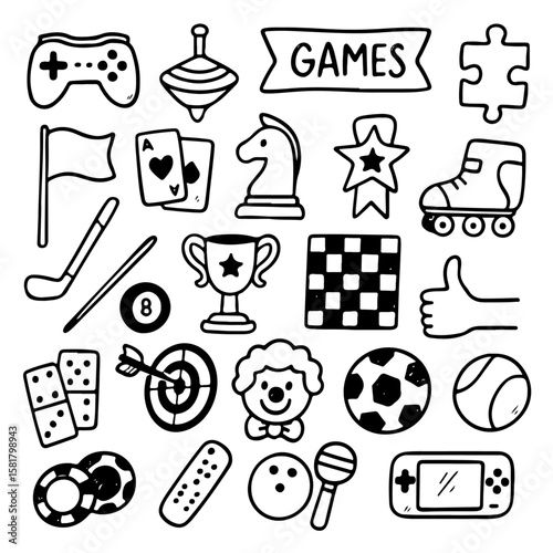 Hand-drawn doodle collection of various game and sport elements including video games, board games, cards, golf, bowling, and more, perfect for leisure and entertainment themes.