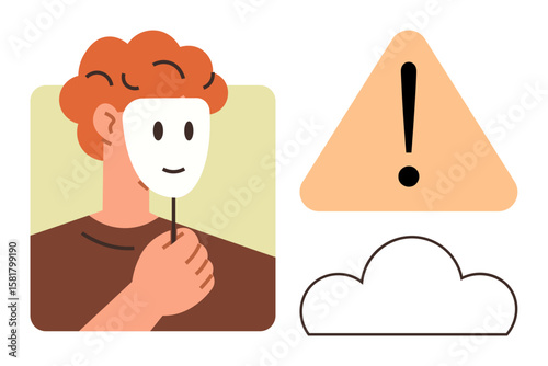 Individual holding a smiling mask symbolizes hiding true identity, paired with an exclamation mark and a cloud. Ideal for self-awareness, caution, anonymity, deception, warning, decision-making