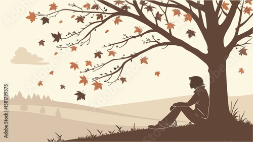 Serene autumnal landscape:  Silhouette of a young man sitting contemplatively beneath a large tree, surrounded by falling leaves, in a peaceful countryside setting.