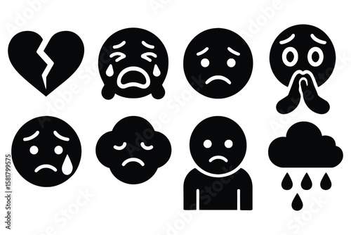 Sad and crying faces broken heart rain cloud emotions