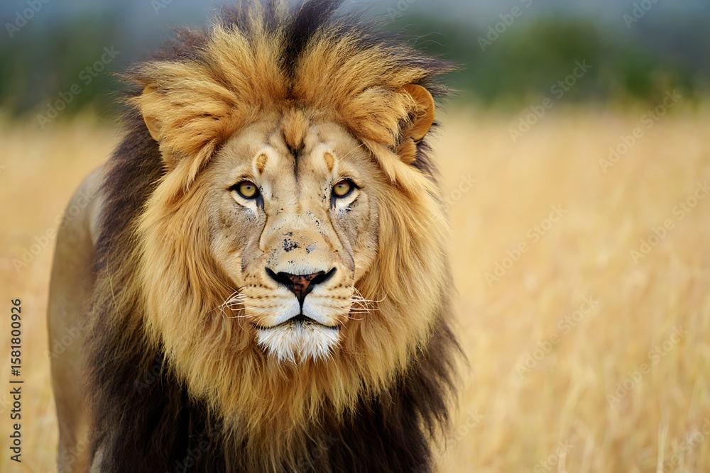 Majestic wild male lion portrait with a magnificent mane, basking in the sun, capturing the essence of this dangerous king of the jungle, a true feline predator Majestic wild male lion portrait with a magnificent mane, basking in the sun, capturing the essence of this dangerous king of the jungle, a true feline predator