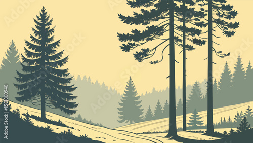 Serene Sunrise Forest Landscape:  Stylized Vector Illustration of Tall Pine Trees, Rolling Hills, and a Misty, Calm Atmosphere, Perfect for Nature, Travel, and Environmental Themes.
