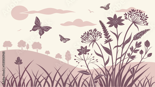 Serene mauve landscape illustration featuring stylized wildflowers, butterflies, and rolling hills under a soft sunset, perfect for nature-themed designs and peaceful mood boards.