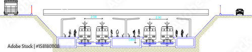 Modern Train Station Plan and Section design silhouette illustration vector sketch
