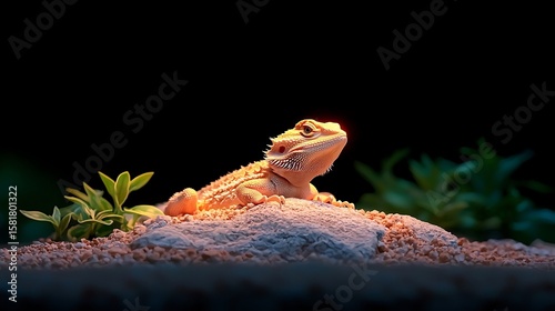 Bearded dragon basking under warm light on rocky substrate with greenery