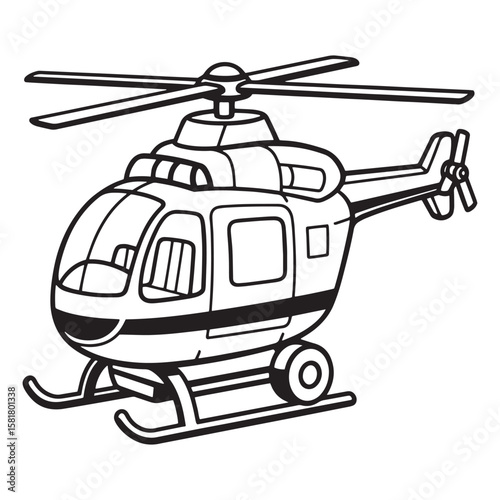 Black and white cartoon illustration of a friendly smiling helicopter ready for adventures