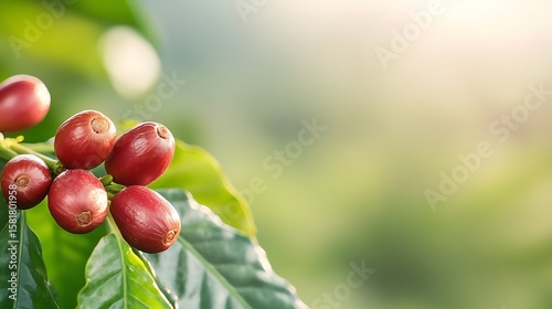 Ripe red coffee cherries growing on a branch with green leaves