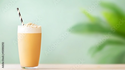 Refreshing oat topped smoothie with a striped straw on a light background