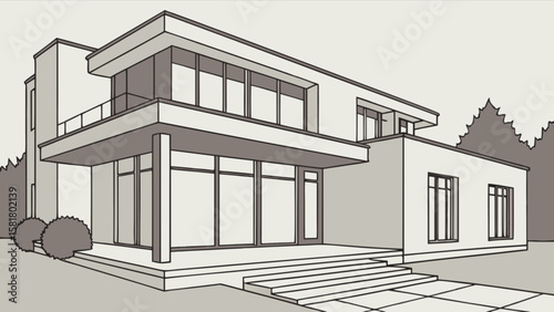 Modern house architecture design with large windows and flat roof for real estate and home design ideas