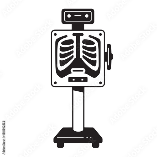 Black and white graphic illustration of an x-ray machine featuring human rib cage for medical use