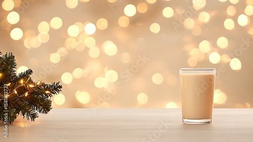 Glass of eggnog and decorated christmas tree branch with warm bokeh lights