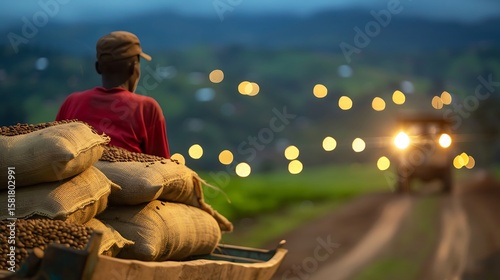 Farmer transports coffee beans in burlap sacks at dusk with approaching vehicle lights