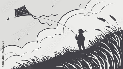 Silhouette of a child flying a kite in a windy field, minimalist vector art, serene and hopeful mood, grayscale palette, stylized clouds and tall grass, conveying freedom and childhood dreams.