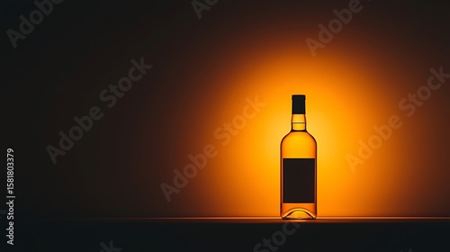 A single bottle of amber liquor illuminated by warm golden light