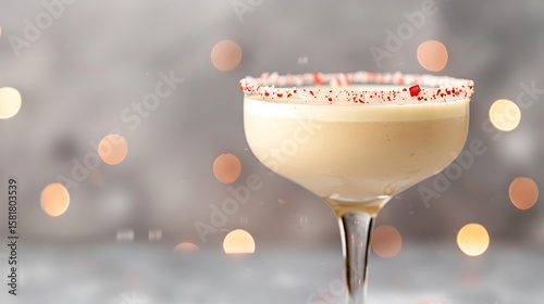 Creamy holiday cocktail with festive red and white rim and bokeh lights