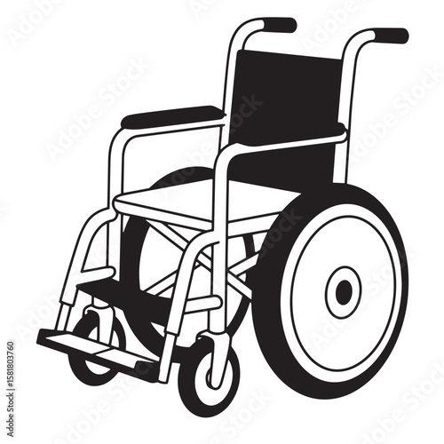 Black and white illustration of a modern wheelchair depicting mobility and independence
