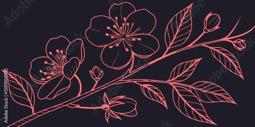 Collection of floral vector line drawings —dark red flower outlines with delicate leaves. Minimalist line art illustration dark background 