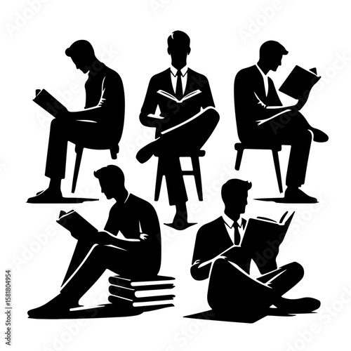 set of men reading book silhouette , men reading book vector