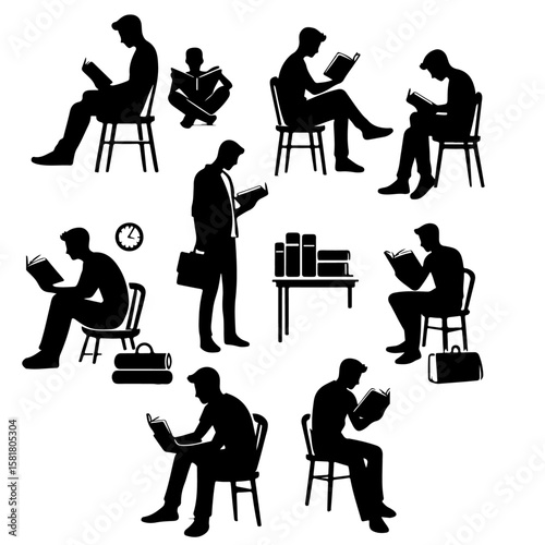 set of men reading book silhouette , men reading book vector