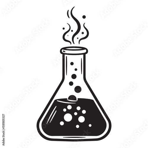 Black and white line art illustration of a bubbling chemical flask with vapor rising