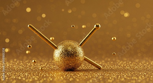 Golden Abstract Geometric Sculpture with Glittering Spheres and Lines in Luxurious Gold Setting
