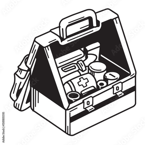 Black and white open first aid kit showing medical supplies and cross symbol