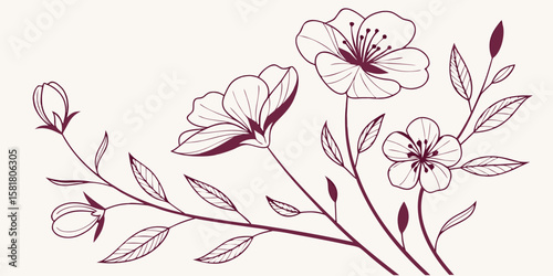 Collection of floral vector line drawings —dark pink flower outlines with delicate leaves. Minimalist line art illustration isolated  background.