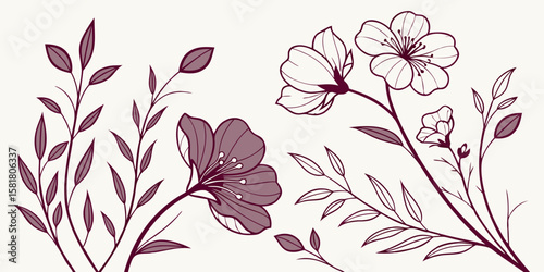 Collection of floral vector line drawings —dark pink flower outlines with delicate leaves. Minimalist line art illustration isolated  background.