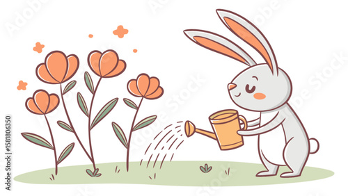 Cute bunny watering flowers in garden vector illustration for kids spring easter gardening concept art design