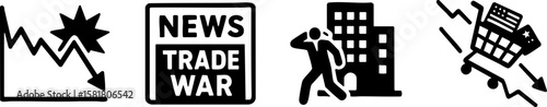 Trade war. Black and white icons depict economic decline, trade war news, business stress, and plummeting retail sales.