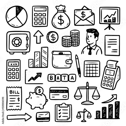 Detailed collection of hand-drawn financial and business icons, including money, graphs, calculators, balance, and banking elements for economy and accounting themes.