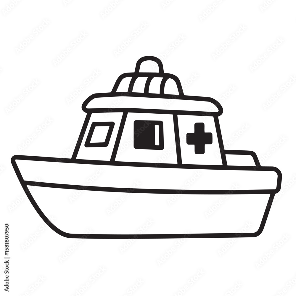 Obraz premium Cartoon illustration of a medical emergency boat rescue vessel black and white design