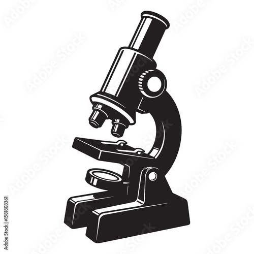 Detailed black and white illustration of a classic science laboratory microscope for research