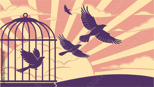 Hopeful bird silhouettes soar towards a vibrant sunrise, escaping a vintage birdcage; freedom, aspiration, and new beginnings concept; retro art deco style illustration.