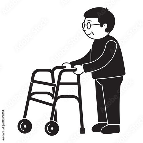 Elderly man using a walker for mobility and support in simple black and white illustration