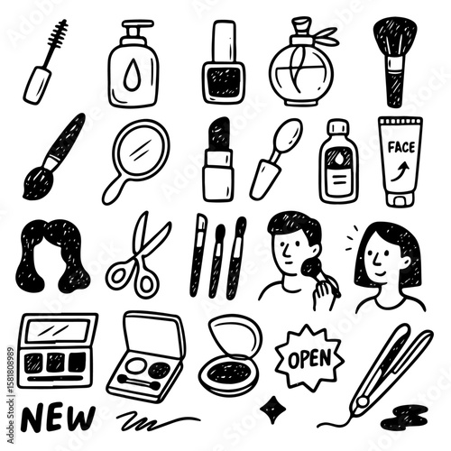 Hand-drawn doodles of beauty, makeup, and cosmetic essentials. Includes skincare products, hair tools, brushes, lipstick, perfume, eyeshadow, mirrors, and salon elements.