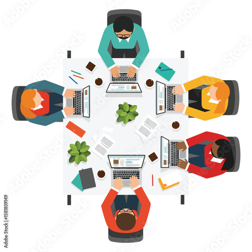 Overhead view of diverse businesspeople seated around a conference table, working on laptops.