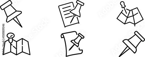 Navigational Icons A collection of simple line art icons showcases location mapping through the use of pins and maps. Perfect for visual representation of route finding and destination settings.