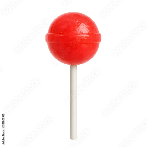 A single shiny red lollipop with a white stick isolated on transparent background