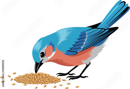 A delightful bluebird engrossed in feeding on grains, transparent isolated vector png