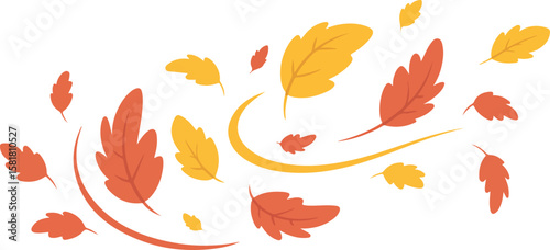 Autumn leaves swirling in the wind, vibrant colors of red and gold transparent isolated vector png