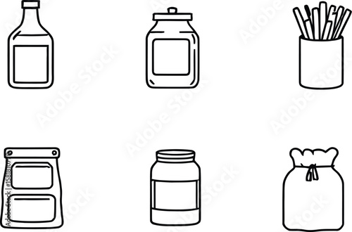 Food Container Icon Set Illustration Minimalist Black Silhouettes Featuring Jars Bottles Snack Tubes and Sealed Sacks for Kitchen Storage and Culinary Packaging Graphics