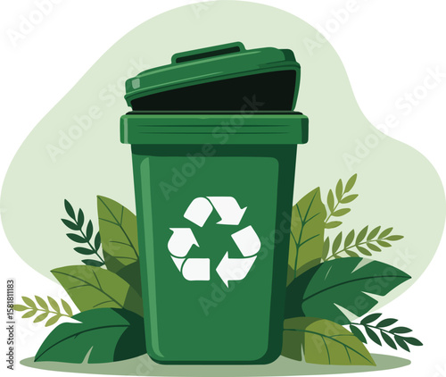 A recycling bin, set amidst lush green leaves