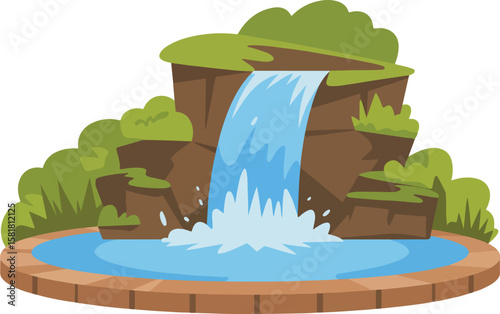 A cartoon illustration of a serene waterfall cascading into a tranquil pond transparent isolated vector png