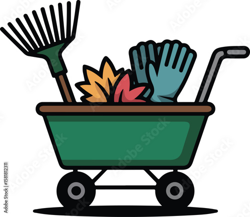 Gardening cart filled with tools and autumn leaves, ready for work transparent isolated vector png