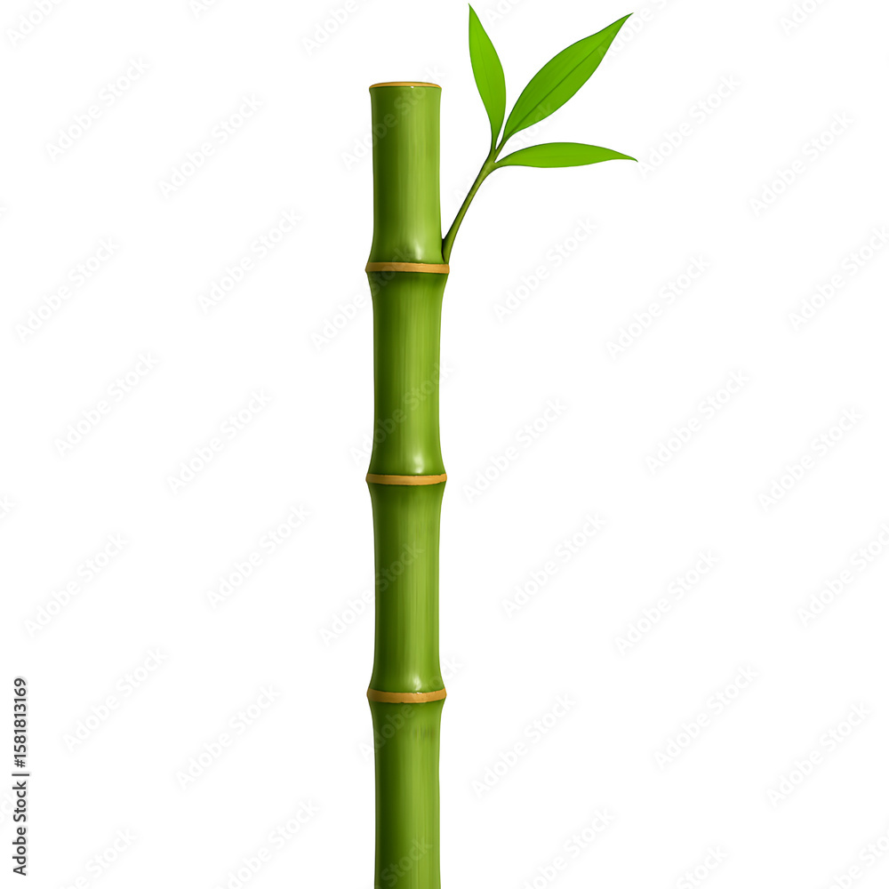 Fototapeta premium Single green bamboo stalk with leaves isolated on transparent background