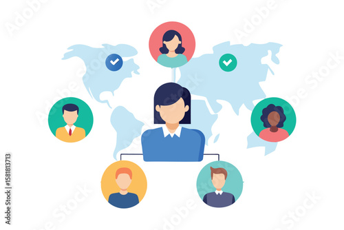 Global teamwork and communication network connecting people worldwide