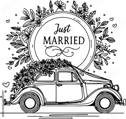 Vintage car decorated with flowers and text 'Just Married'  