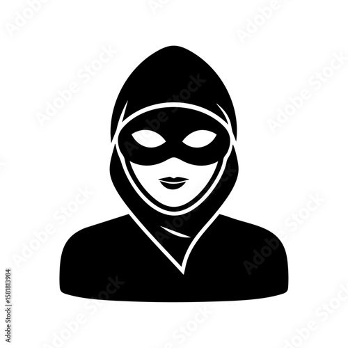 Masked robber icon in black and white. Ideal for anti fraud materials, security websites, crime prevention posters, and identity protection concepts.